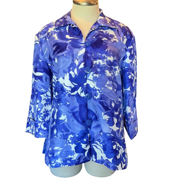 Draper's & Damon's Floral Button Front Blouse Blue White Print Size Large NWOT - Picture 1 of 5